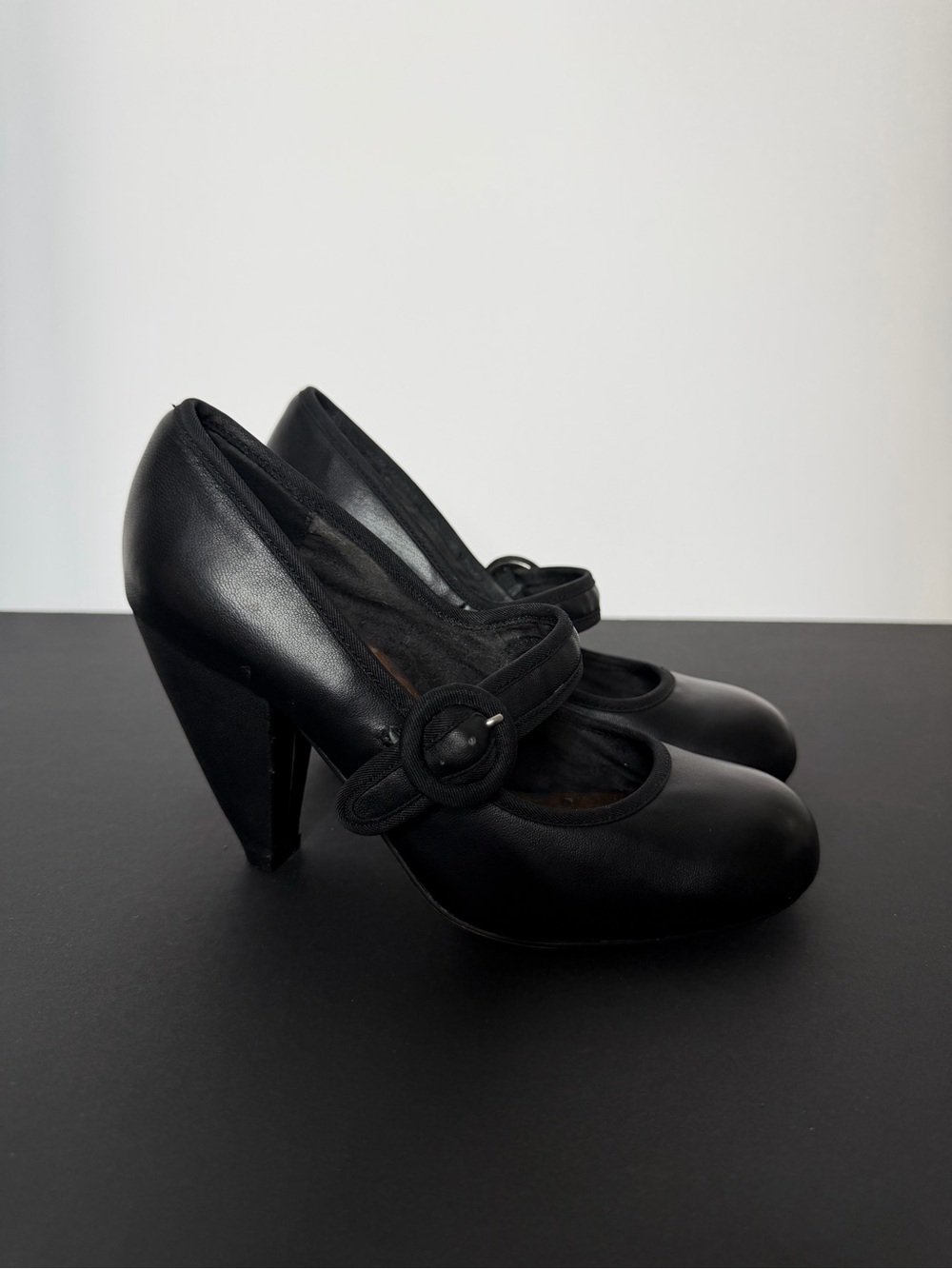 Seychelles Black Mary Jane Cone Heel Pumps with Decorative Button Strap